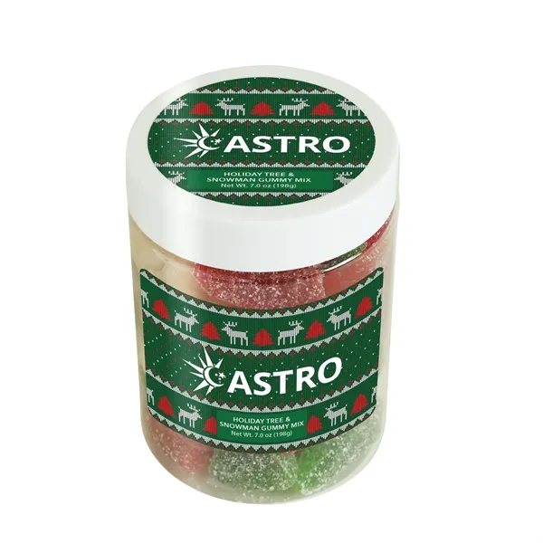 7 oz jar of a sugar-sanded holiday tree and snowman gummy... from ASI 61966 HPG / SugarSpot