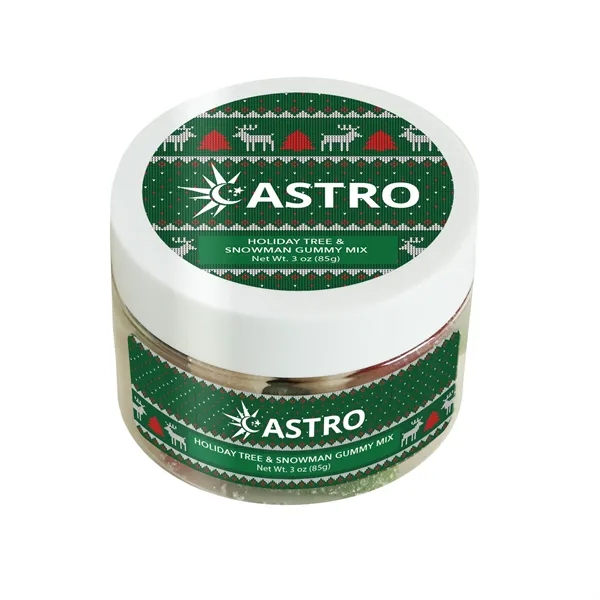 3 oz jar of a sugar-sanded holiday tree and snowman gummy... from ASI 61966 HPG / SugarSpot