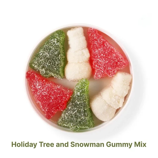 3 oz jar of a sugar-sanded holiday tree and snowman gummy... from ASI 61966 HPG / SugarSpot