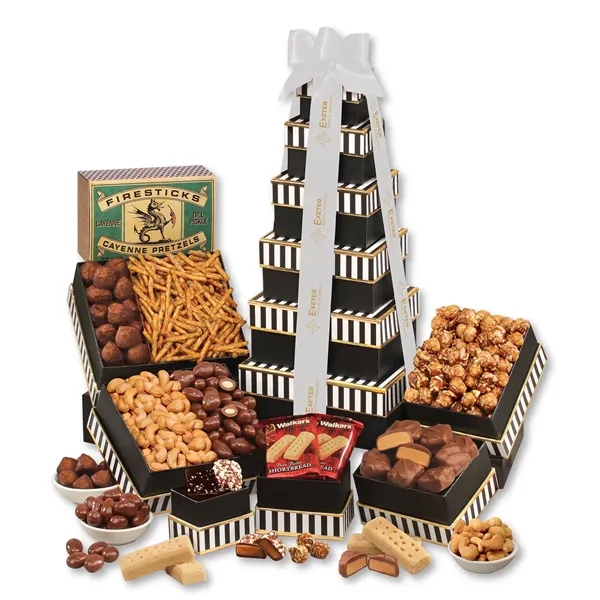 Classic treat tower with chocolates, nuts, popcorn & more. Foil-stamped logo... from ASI 68680 Maple Ridge Farms Inc