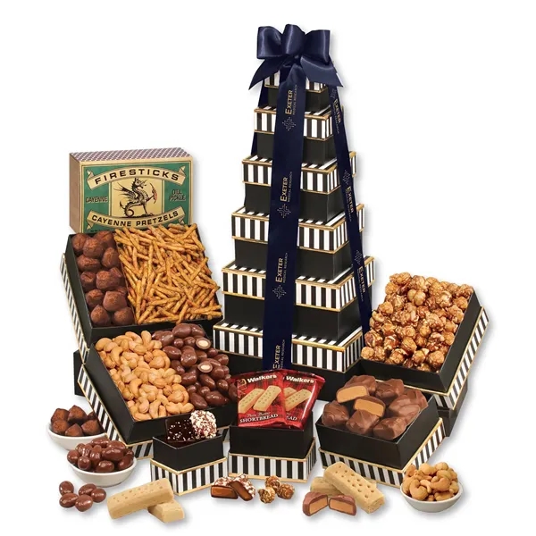 Classic treat tower with chocolates, nuts, popcorn & more. Foil-stamped logo... from ASI 68680 Maple Ridge Farms Inc