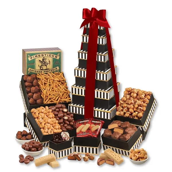 Classic treat tower with chocolates, nuts, popcorn & more. Foil-stamped logo... from ASI 68680 Maple Ridge Farms Inc