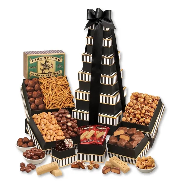 Classic treat tower with chocolates, nuts, popcorn & more. Foil-stamped logo... from ASI 68680 Maple Ridge Farms Inc