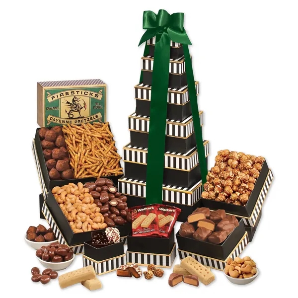 Classic treat tower with chocolates, nuts, popcorn & more. Foil-stamped logo... from ASI 68680 Maple Ridge Farms Inc