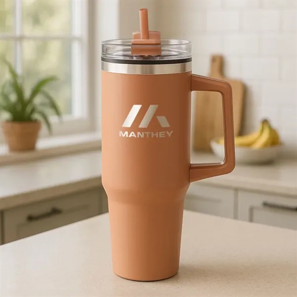 The versatile Benidorm Handle Travel Mug w/Straw offers a convenient way... from ASI 84592 St Regis Group