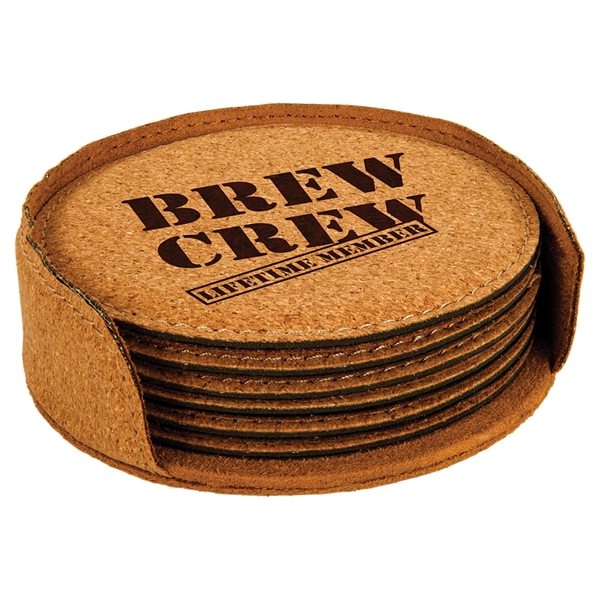 The 4", heavy-duty stitched cork coaster set comes with six coasters... from ASI 92531 Unique Custom Products / UCP