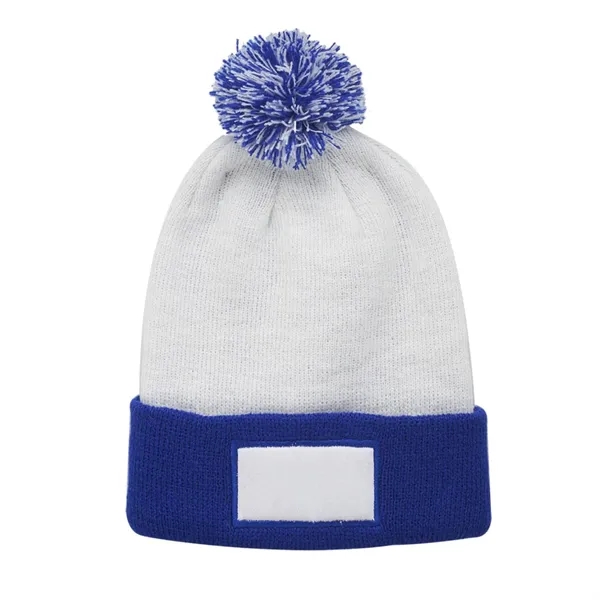 Dual tone patch pompom beanies plus embroidery on 1 location... from ASI 37218 Athena Promo (tm)