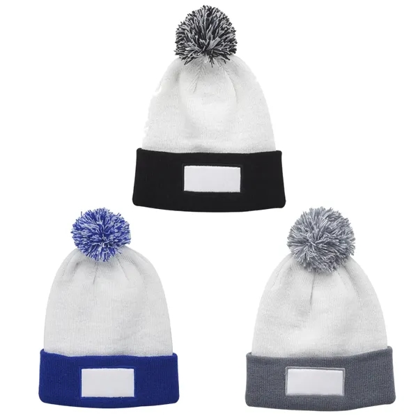 Dual tone patch pompom beanies plus embroidery on 1 location... from ASI 37218 Athena Promo (tm)