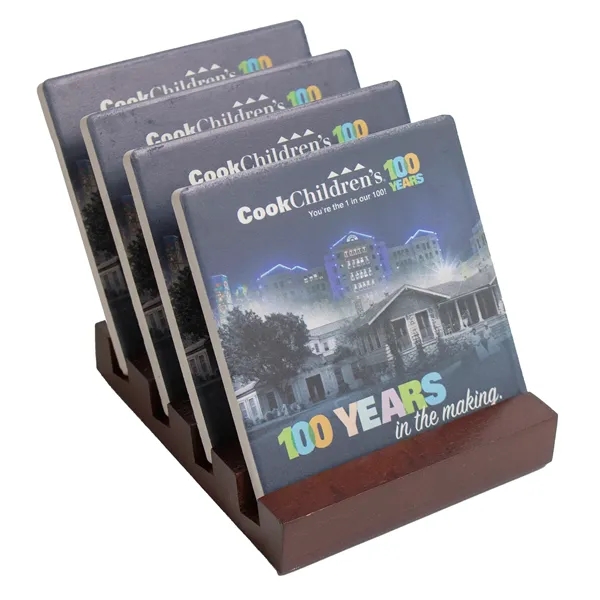 The 4 piece absorbing ceramic coaster set absorbs condensation and is... from ASI 61966 HPG / Beacon Promotions