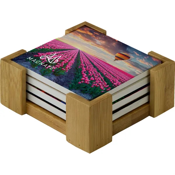 The 4 piece absorbing ceramic coaster set absorbs condensation and is... from ASI 61966 HPG / Beacon Promotions