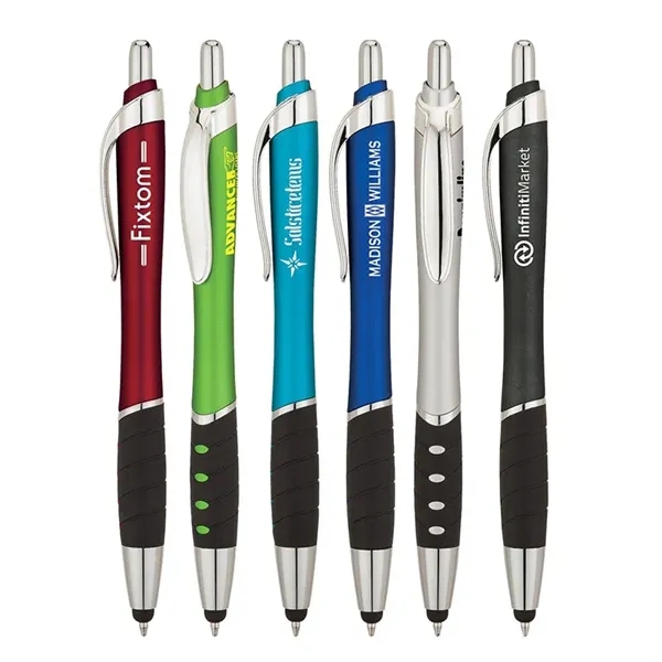 Plunger action ballpoint pen with metallic color barrel, black rubber grip,... from ASI 67866 Logomark/Valumark / Valumark™