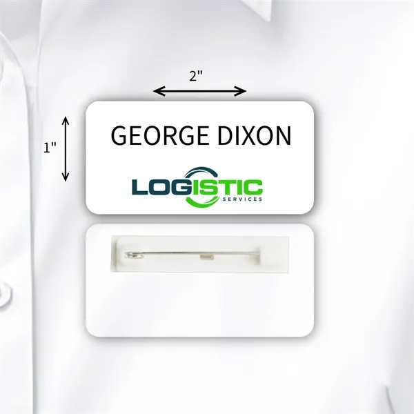 Laminated rectangular name badge with a pin fastener.... from ASI 59080 Halls & Company