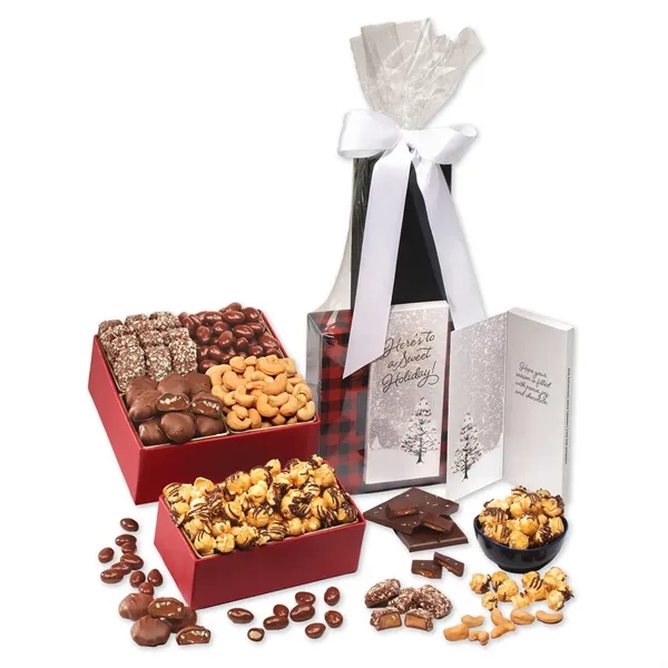 Gourmet treat tower with chocolates, popcorn & a greeting card-custom ribbon... from ASI 68680 Maple Ridge Farms Inc