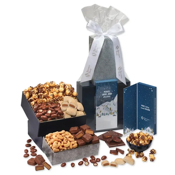 Gourmet treat tower with chocolates & a Sweeter Card-custom ribbon imprint... from ASI 68680 Maple Ridge Farms Inc