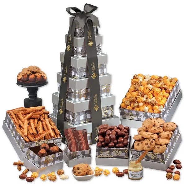 Six snowflake boxes filled with gourmet treats, tied with custom foil-stamped... from ASI 68680 Maple Ridge Farms Inc