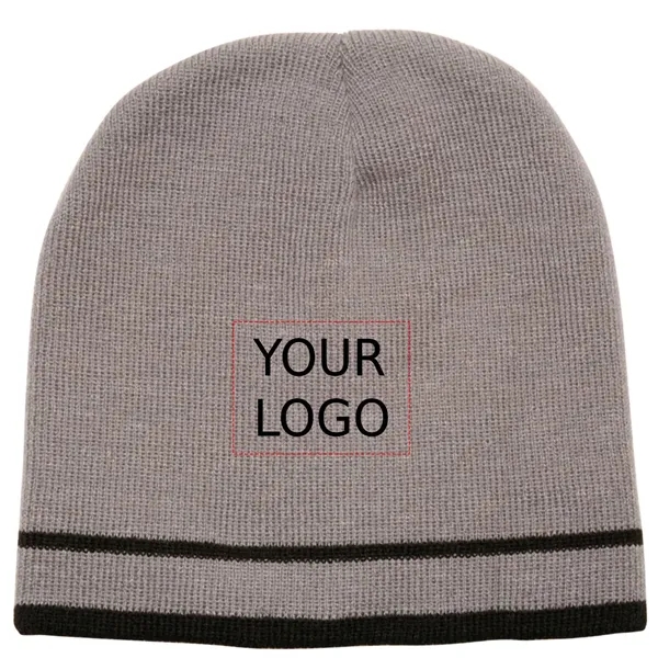 Double stripe acrylic knit beanie plus embroidery on 1 location... from ASI 37218 Athena Promo (tm)