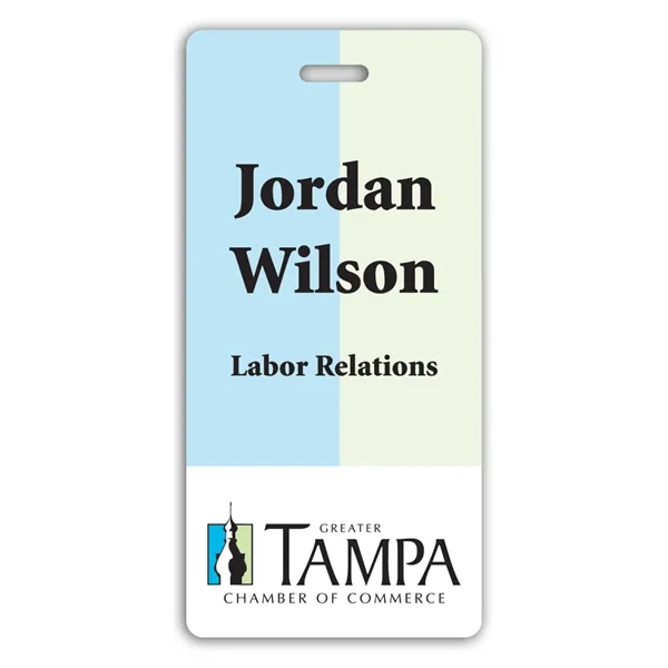 Laminated rectangular name badge with a pin fastener.... from ASI 59080 Halls & Company