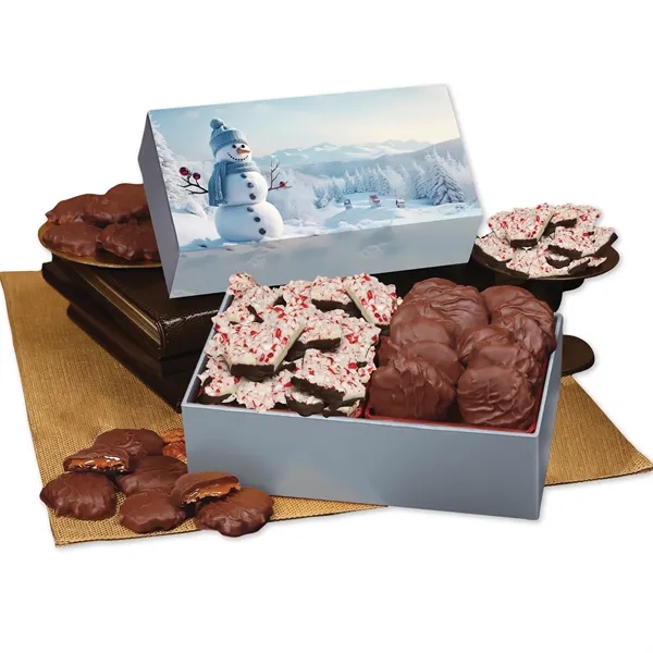Gift box with a blue snowman sleeve and filled with peppermint... from ASI 68680 Maple Ridge Farms Inc