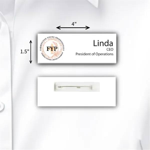 Laminated rectangular name badge with a pin fastener.... from ASI 59080 Halls & Company