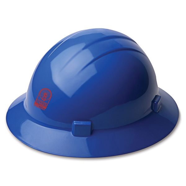 Blue, full brim hard hat,  four point ratchet suspension. 1... from ASI 79951 Promosafe / Promosafe