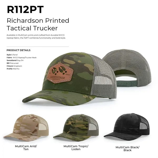 Richardson 112PT Printed Tactical Snapback Trucker Hat with leatherette patches, embroidery... from ASI 74601 Calico