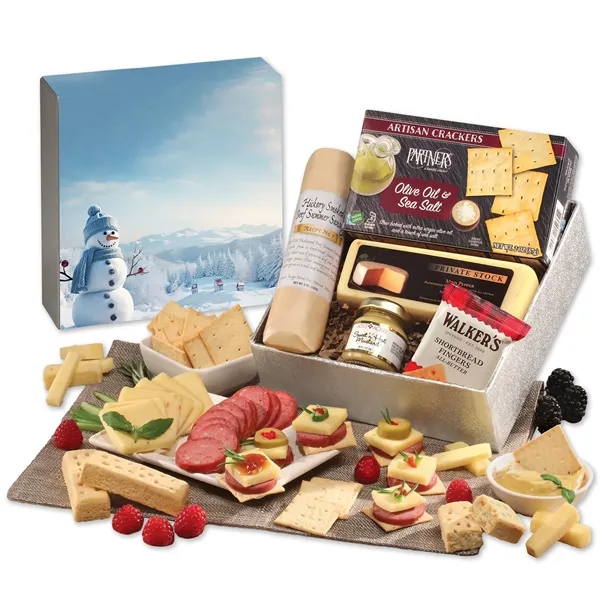 Holiday gift box with shelf-stable cheese, sausage & treats-Blue Snowman sleeve,... from ASI 68680 Maple Ridge Farms Inc