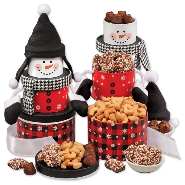 Snowman centerpiece tower filled with chocolates and nuts.... from ASI 68680 Maple Ridge Farms Inc
