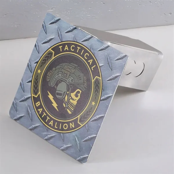 A USA-made stainless steel trailer hitch cover with a foldable design,... from ASI 61966 HPG / Best Promotions USA