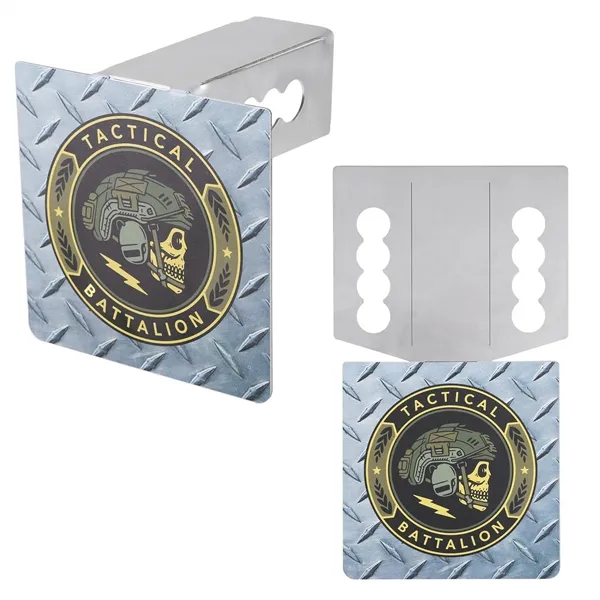 A USA-made stainless steel trailer hitch cover with a foldable design,... from ASI 61966 HPG / Best Promotions USA