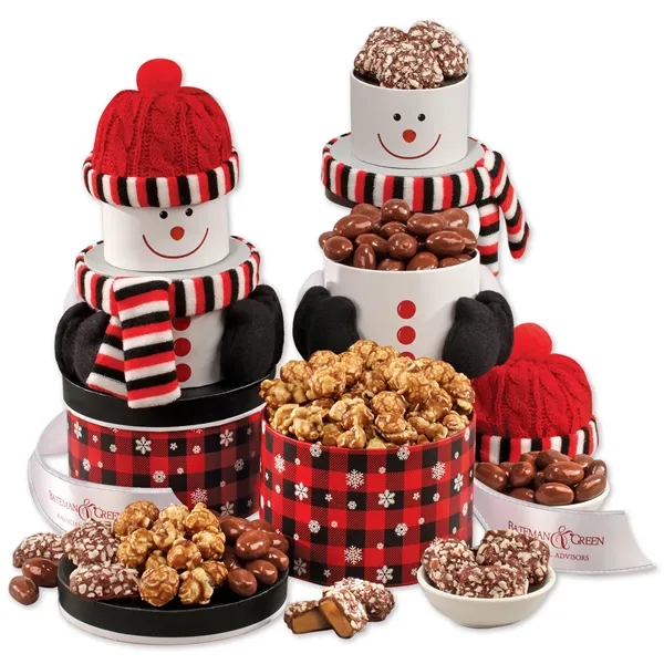 Snowman centerpiece tower filled with chocolates and popcorn... from ASI 68680 Maple Ridge Farms Inc