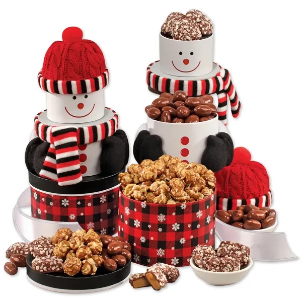 Snowman centerpiece tower filled with chocolates and popcorn... from ASI 68680 Maple Ridge Farms Inc