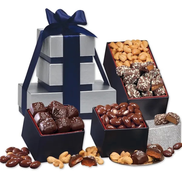 Silver & navy gift boxes filled with four gourmet treats and... from ASI 68680 Maple Ridge Farms Inc