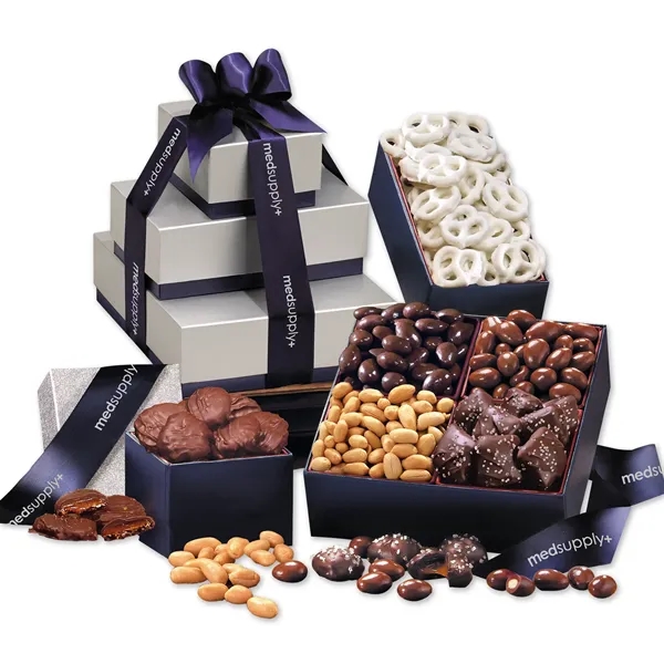 Silver and navy tower filled with chocolates and nuts... from ASI 68680 Maple Ridge Farms Inc