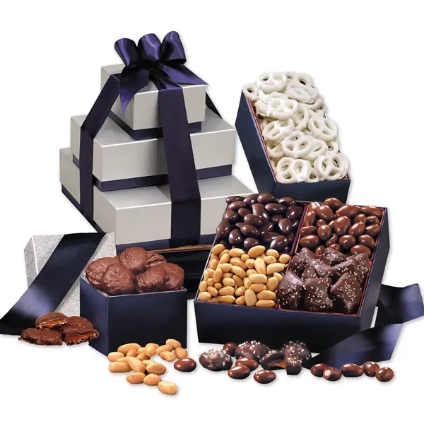 Silver and navy tower filled with chocolates and nuts... from ASI 68680 Maple Ridge Farms Inc