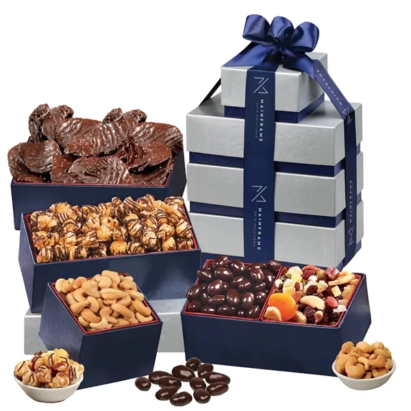 Kosher gift tower with sweet and savory snacks in silver and... from ASI 68680 Maple Ridge Farms Inc