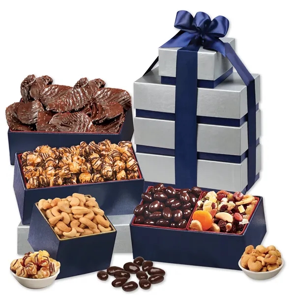 Kosher gift tower with sweet and savory snacks in silver and... from ASI 68680 Maple Ridge Farms Inc