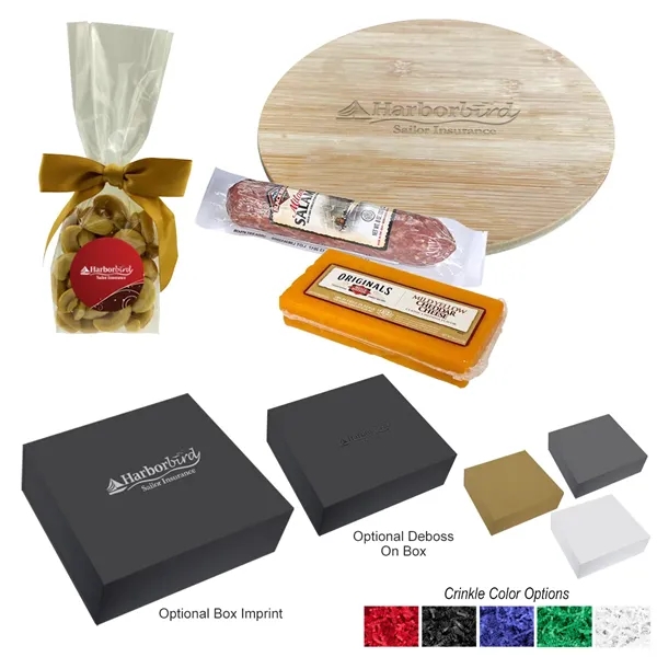 Charcuterie gift pack with a round cutting board, cashews, salami, cheese,... from ASI 61125 Hit Promotional Products / Hit®