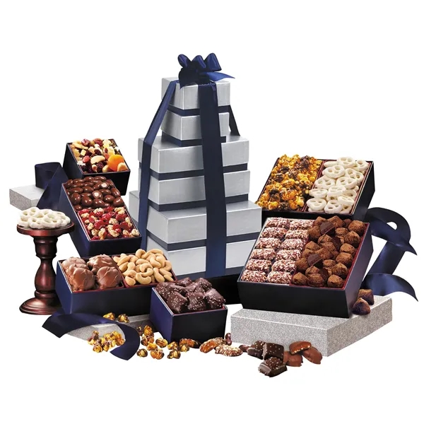 Silver & navy tower filled with chocolate, nuts, and other treats.... from ASI 68680 Maple Ridge Farms Inc
