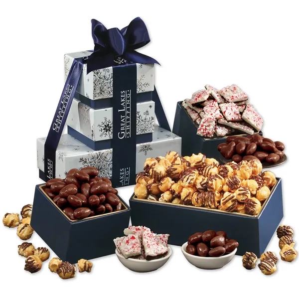 Silver and navy snowflake tower filled with chocolates and popcorn.... from ASI 68680 Maple Ridge Farms Inc