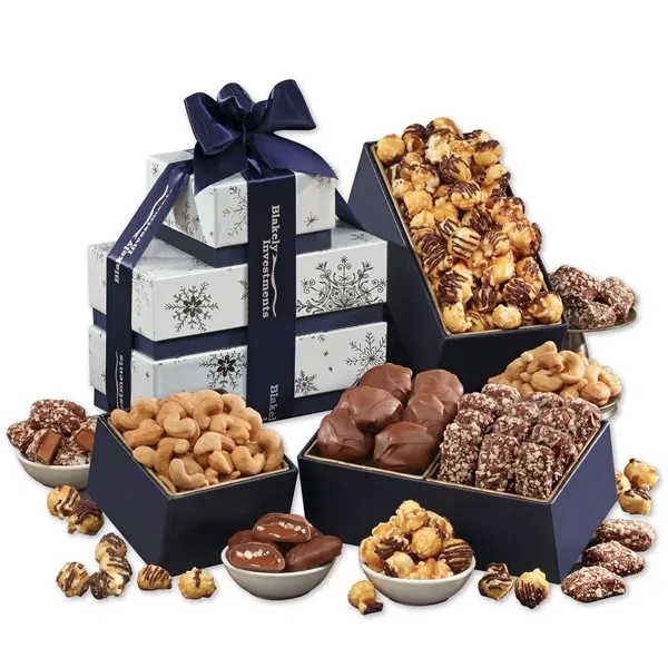 Sparkling snowflake boxes filled with sweet & salty treats, tied with... from ASI 68680 Maple Ridge Farms Inc