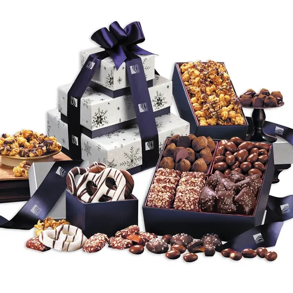 Silver and navy snowflake tower filled with indulgent treats, tied with... from ASI 68680 Maple Ridge Farms Inc