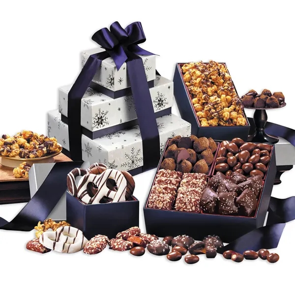 Silver and navy snowflake tower filled with indulgent treats, tied with... from ASI 68680 Maple Ridge Farms Inc
