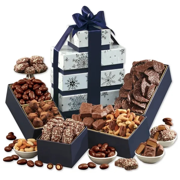 Elegant Snowflake Tower filled with gourmet treats and tied together with... from ASI 68680 Maple Ridge Farms Inc