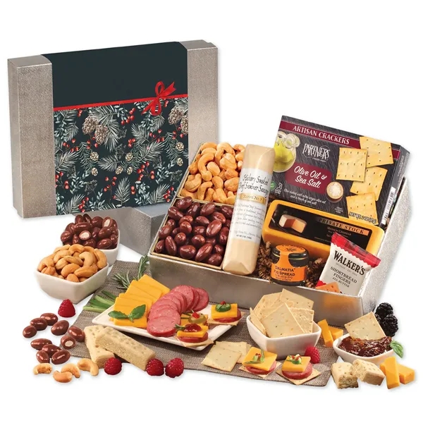 Gift box with Wisconsin cheese, sausage & treats-festive Pine Boughs and... from ASI 68680 Maple Ridge Farms Inc