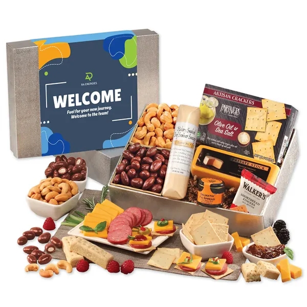 Holiday party gift box with cheese, sausage & treats. Custom full-color... from ASI 68680 Maple Ridge Farms Inc