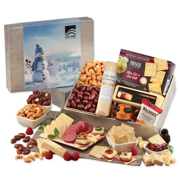 Holiday gift box with shelf-stable cheese, sausage & treats-Blue Snowman sleeve,... from ASI 68680 Maple Ridge Farms Inc