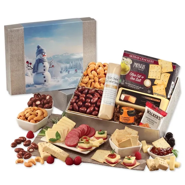 Holiday gift box with shelf-stable cheese, sausage & treats-Blue Snowman sleeve,... from ASI 68680 Maple Ridge Farms Inc