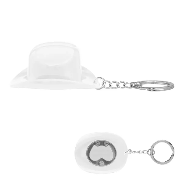 Plastic cowboy hat-shaped bottle opener with split ring attachment.... from ASI 61125 Hit Promotional Products / Hit®