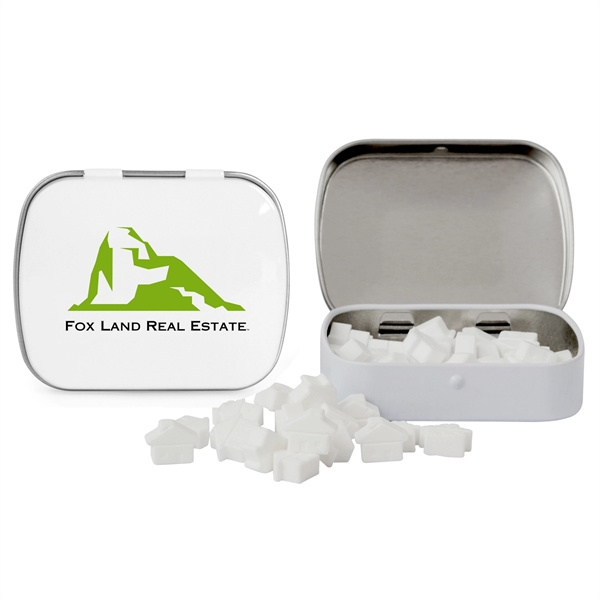 Customizable domed tin filled with house shaped, sugar-free mints; includes full... from ASI 44900 NC Custom (CI/Lanco) / Chocolate Inn Chocolate Inn/Taylor & Grant Lanco