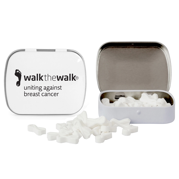 Customizable domed tin filled with ribbon shaped, sugar-free mints; includes full... from ASI 44900 NC Custom (CI/Lanco) / Chocolate Inn Chocolate Inn/Taylor & Grant Lanco